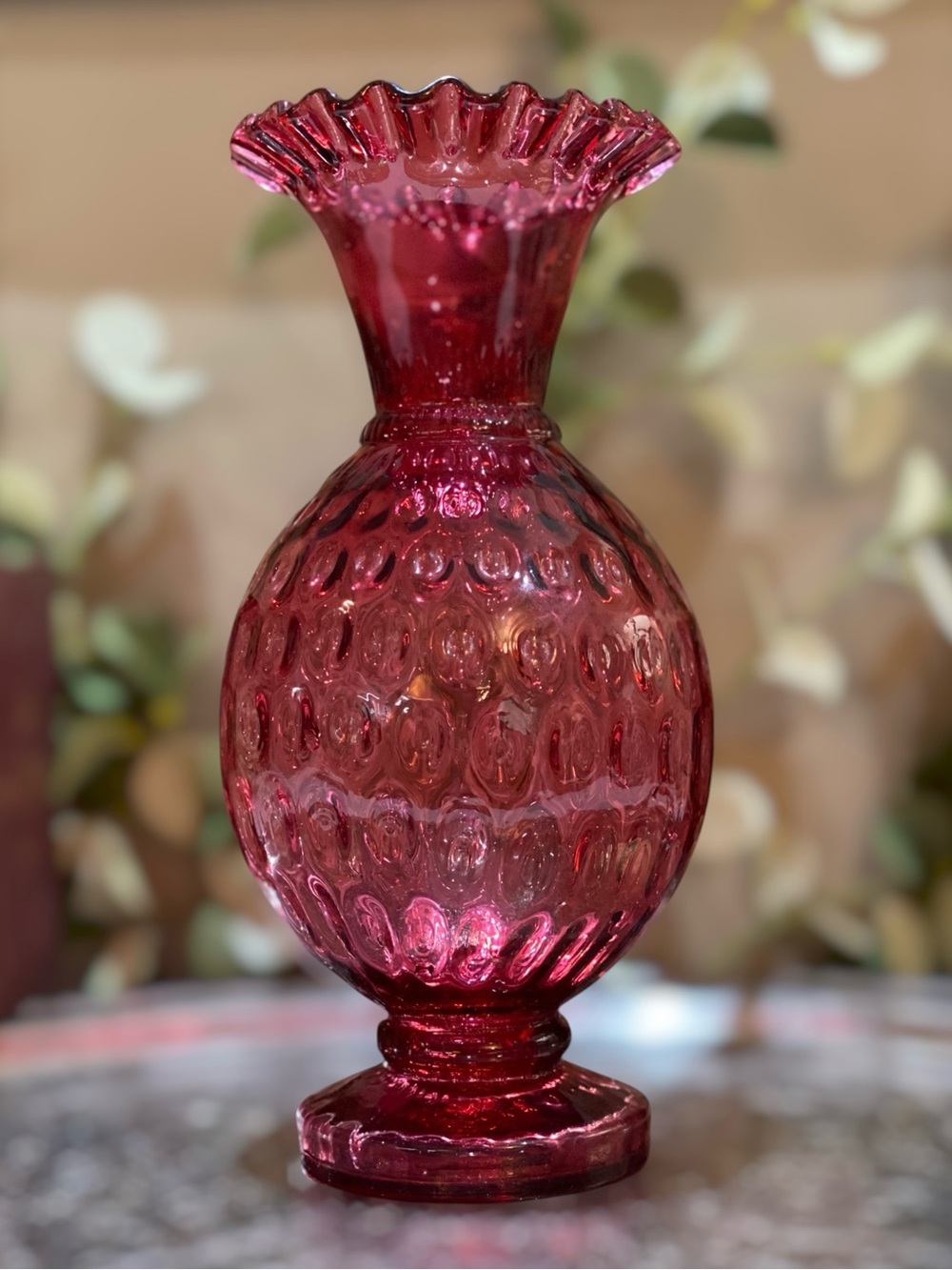 Vintage Fenton Large Cranberry Art Glass Vase Optic Dot Thumbprint 10.25”h